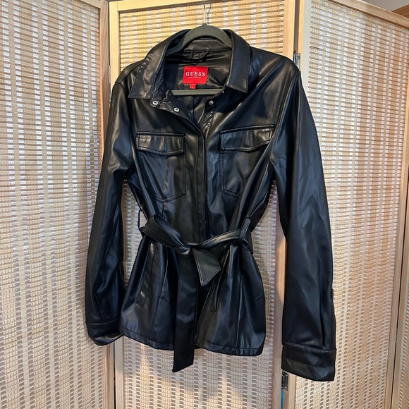 Guess Black Faux Leather Belted Shirt Jacket - Picture 3 of 9
